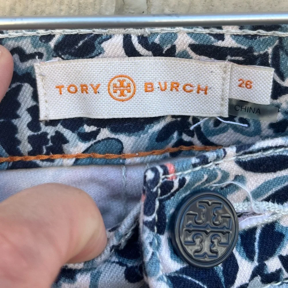Tory Burch Emmy Ankle Skinny Jeans Blue‎ Lake Kyoto Floral Print Size 26